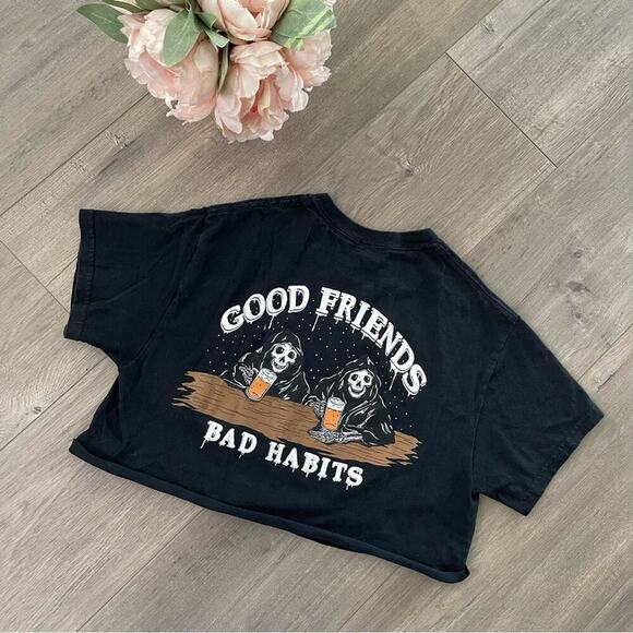 Fresh Vibes Good Friends Bad Habits Reapers Black Upcycle Cropped Top - Picture 1 of 2